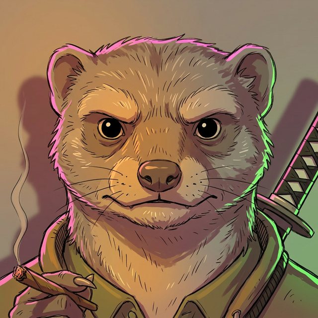 The Mongoose: a grey-brown mongoose with a hard stare, a katana hilt over his shoulder.
