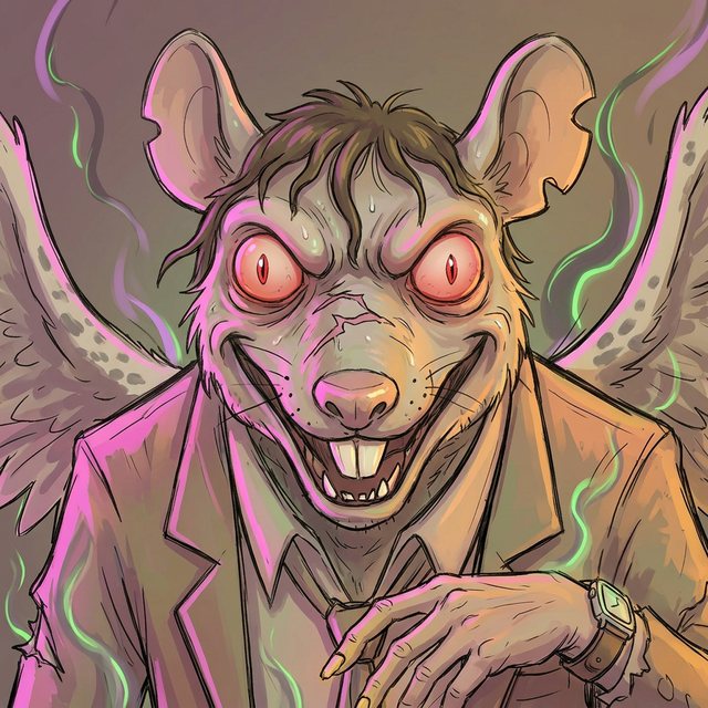 The Flying Rat: a buck-toothed grin, glowing red eyes, big feathered wings.