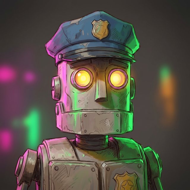 The Robot: a rusty boxy robot with round amber eyes and a blue police cap.