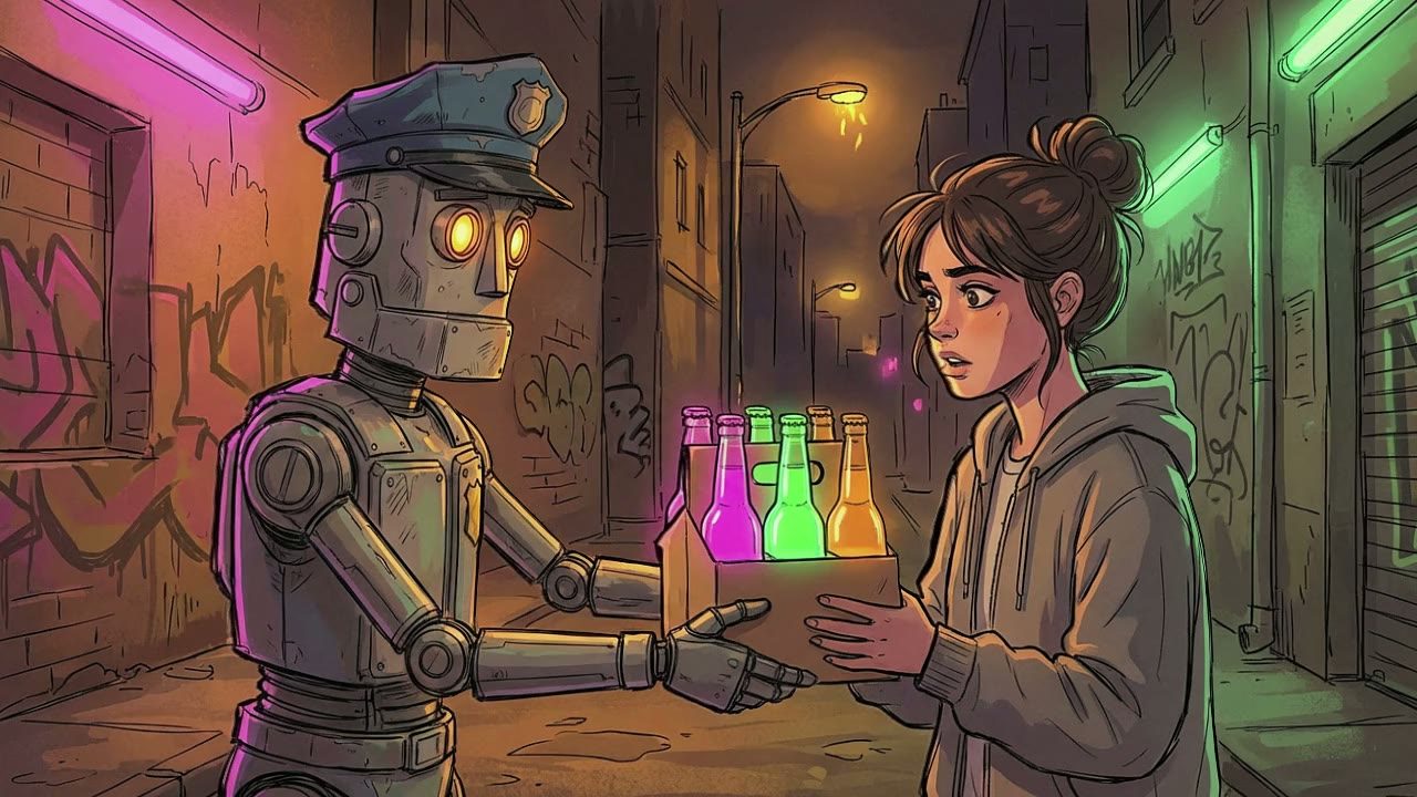 Medium shot. The Robot extends a metallic arm, handing a pack of brightly colored wine coolers to the Girl.