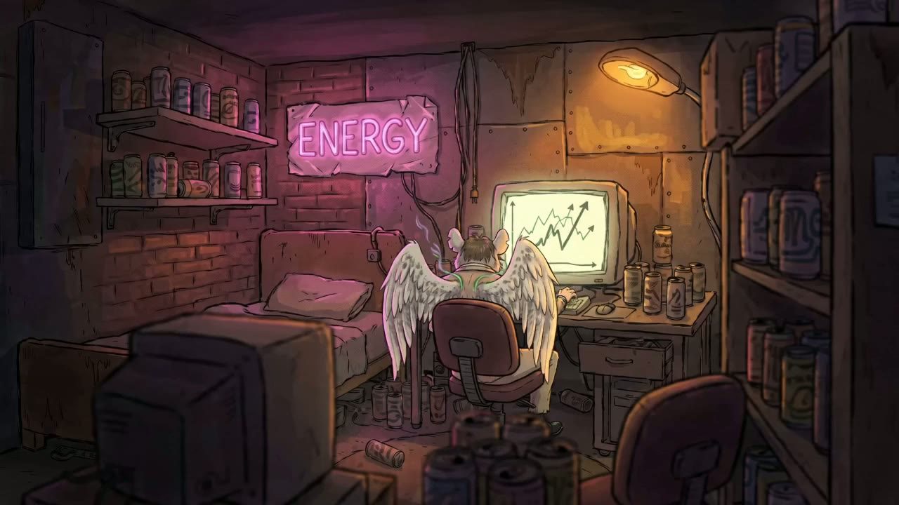 The Flying Rat's room: a cracked monitor glows green in the dark.