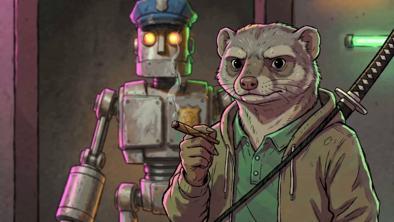 Mongoose in medium close-up with a cigar and katana strap, glancing sideways; the Robot behind him and the Rat's wing in the left foreground.