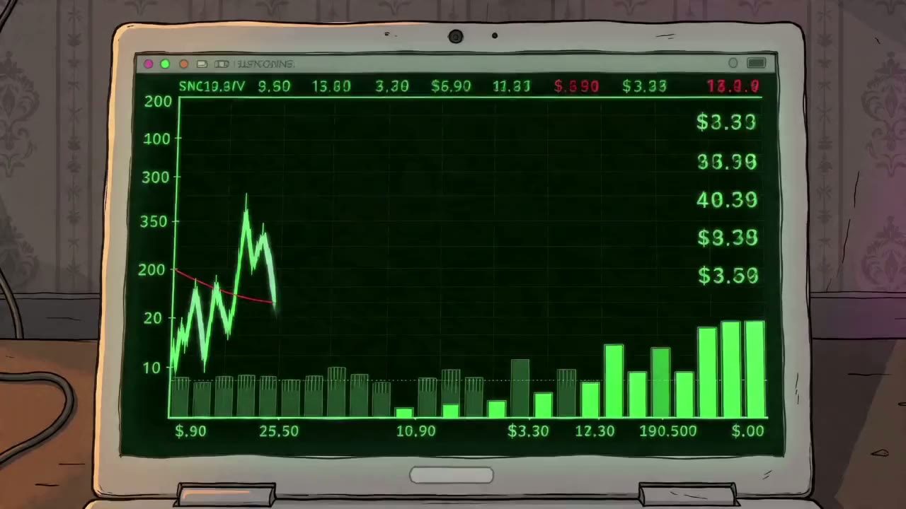 Close-up of the laptop screen: a green stock chart climbs, then at 4.25 turns red with a falling line and the word CRASH.