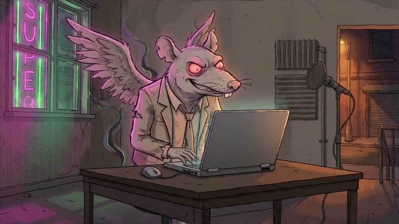 Rat in horror at the laptop (6.5-8.5), speaks line 2, makes a hand seal (9.0-9.5), white smoke puffs (9.5-10.3), and is gone; the laptop stays lit.