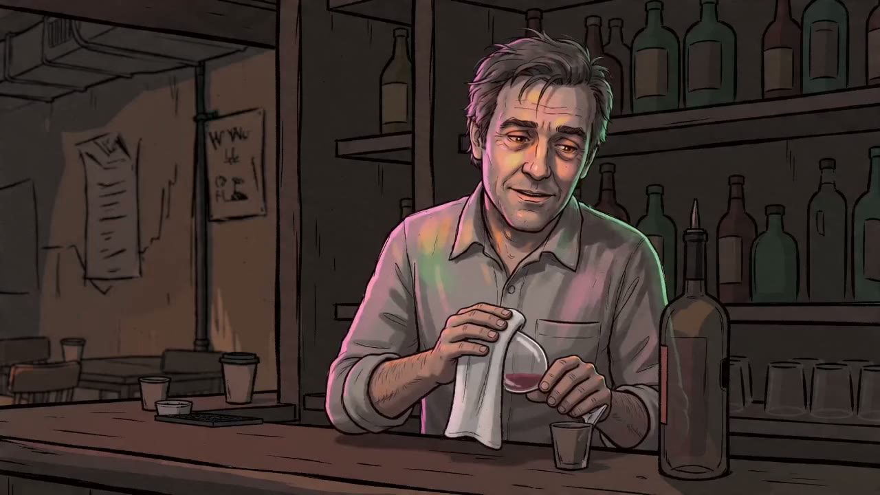 Manager (grey-streaked messy hair, light grey shirt, sleeves rolled) behind the bar polishing a wine glass; bottles on the back shelf; gestures with an open arm at 2.0; speaks line 1.
