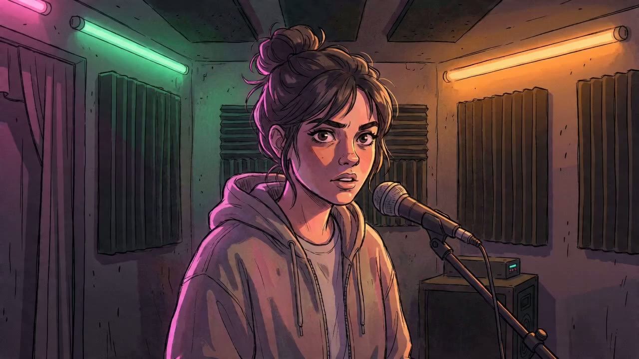 Girl at the microphone, medium close-up: dark hair in a messy top bun, grey hoodie, mic at right, green and amber tube lights behind; speaks line 1.