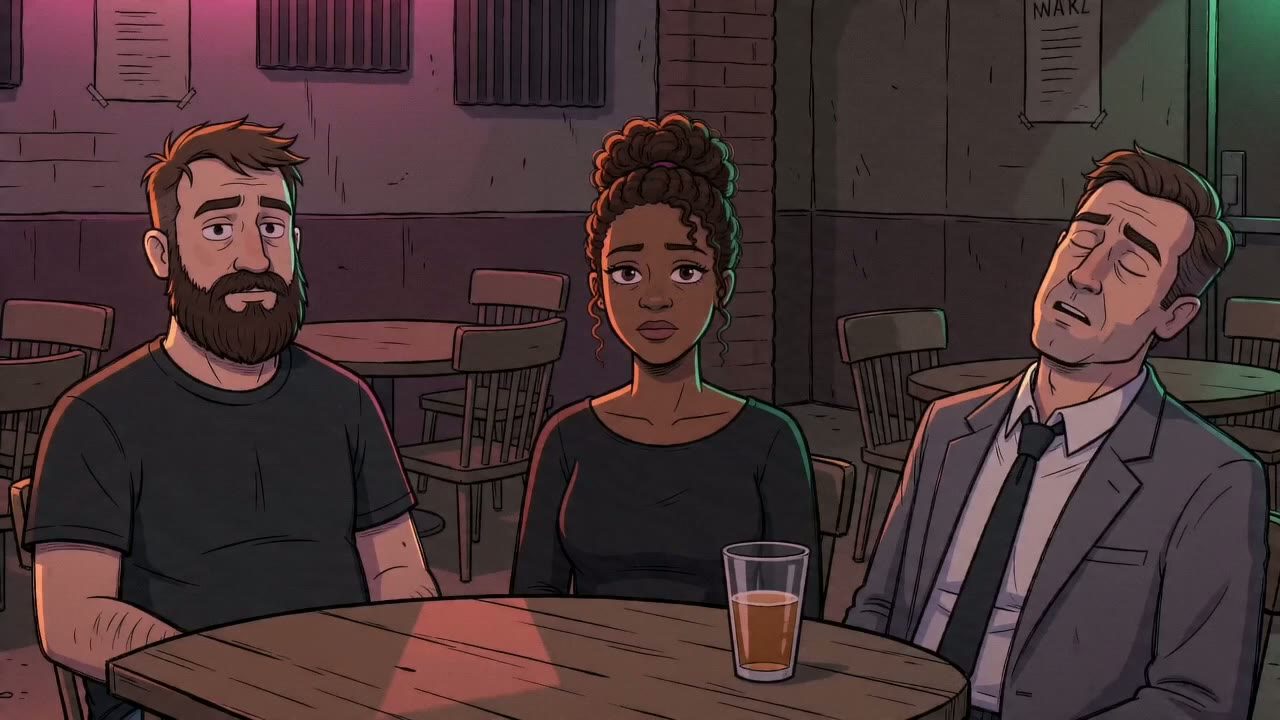Three-person audience at a round table: bearded man in a black tee, woman with an updo in a black top, man in a grey suit asleep with his head back; a drink on the table. The Girl's second line starts over this shot (5.46).