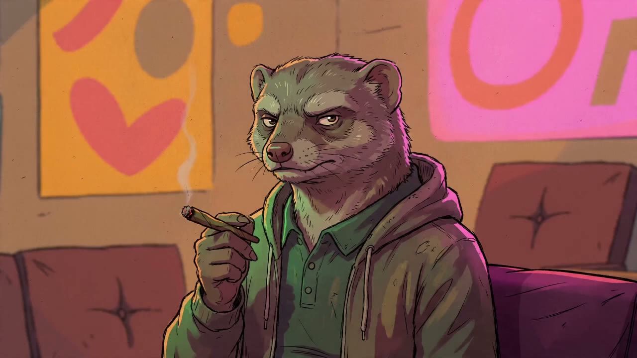 Mongoose in medium close-up on a maroon couch, cigar in hand with smoke curling, in front of an orange heart poster and a pink panel; deadpan; speaks line 1.