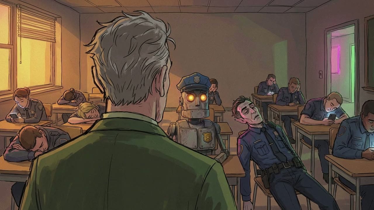 Over-the-shoulder shot from behind Captain Marsh looking out at the class. Most of the recruits are asleep or on their phones.