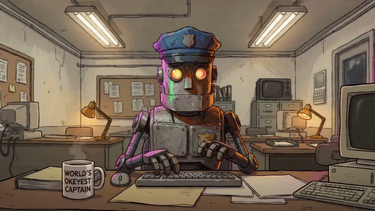 Robot (rusty, amber eyes, blue cap with badge) typing at a cluttered precinct desk; mug 'WORLD'S OKEYEST CAPTAIN', CRT monitors, desk lamps; speaks line 1.