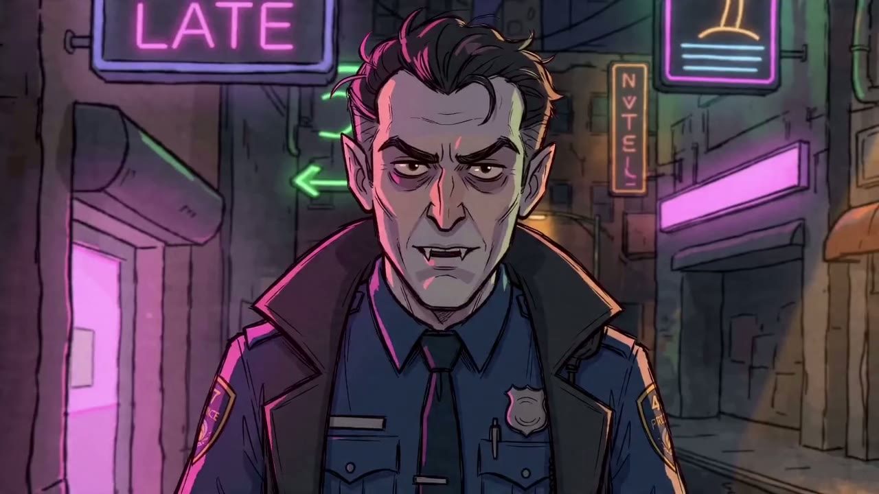 Vampire in medium close-up in a neon alley ('OPEN LATE', green arrow, vertical 'NVTEL', palm tree): pale, slicked-back dark hair, pointed ears, fangs, blue police uniform with a long dark open coat; walks toward the camera; speaks line 1.