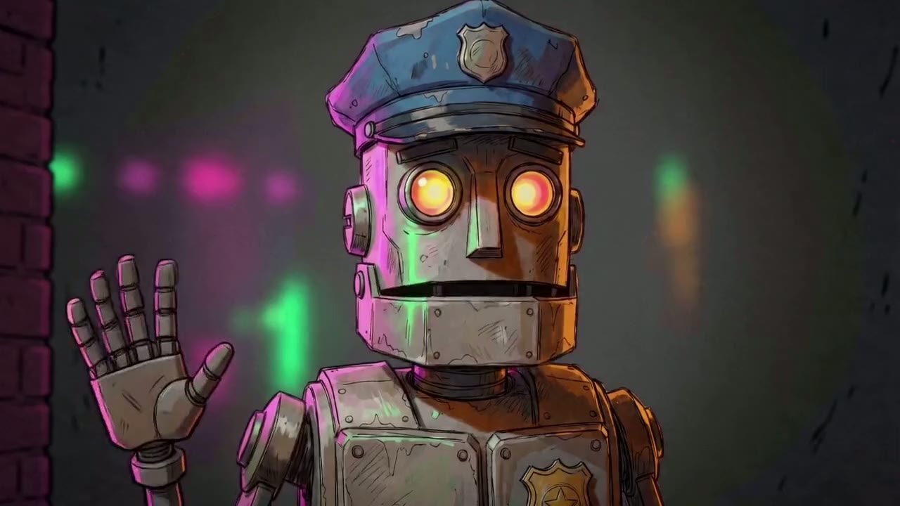 Robot close-up, hand raised into frame; speaks lines 3 and 4.